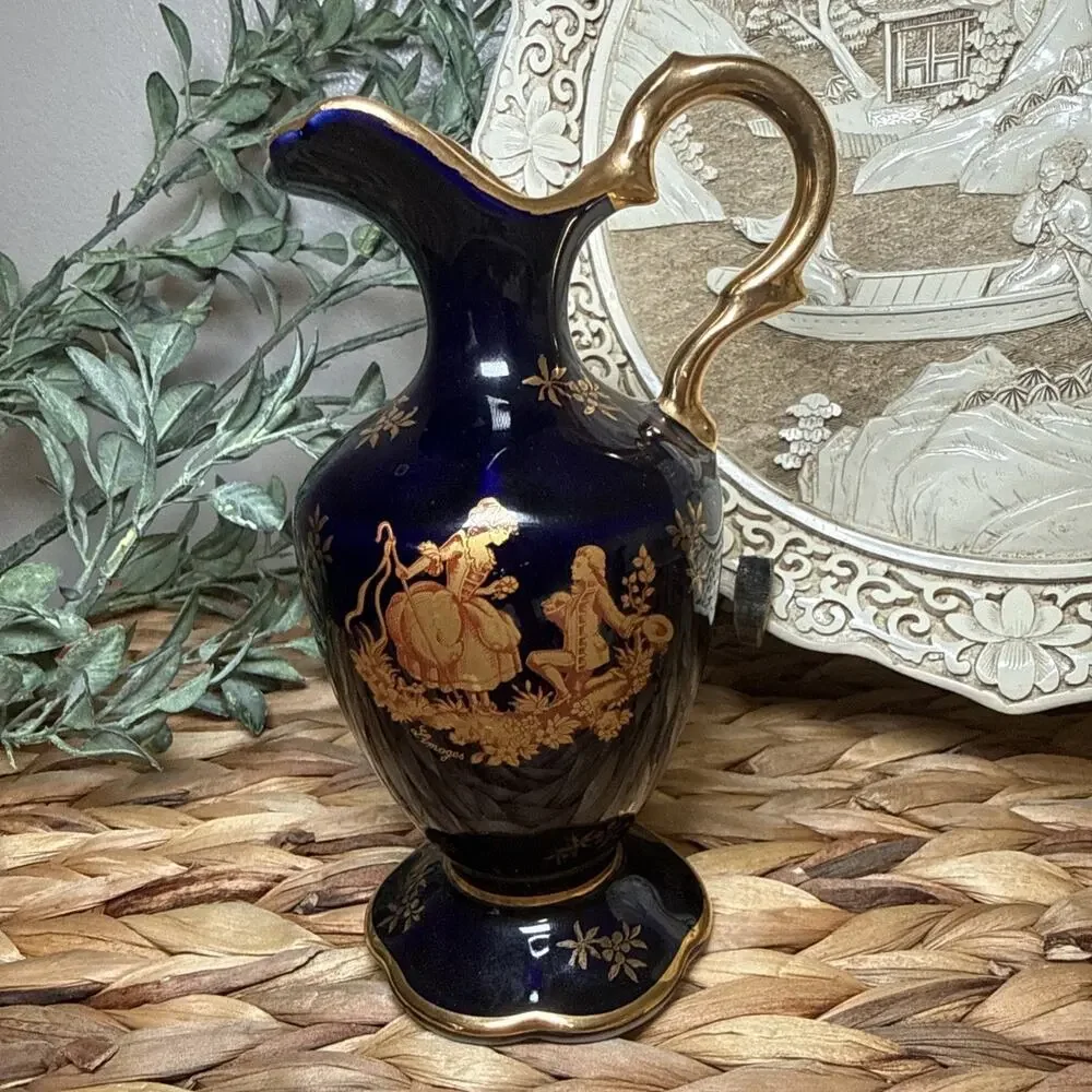 Limoges Castel France Cobalt Blue Gold Gilt Mini Ewer Pitcher 6” Porcelain